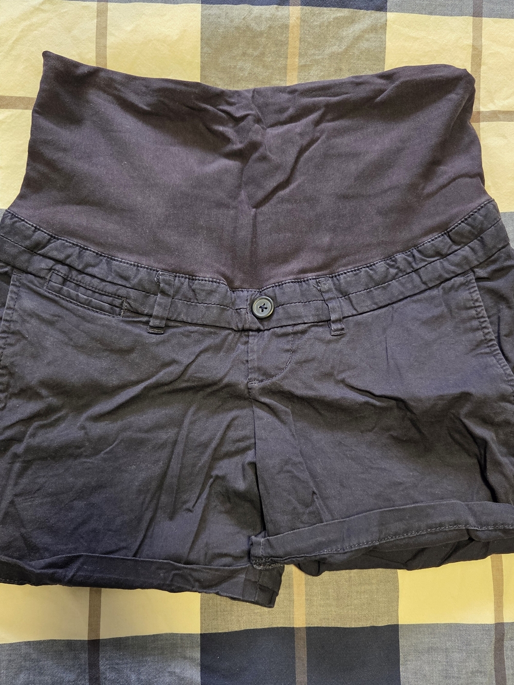 High-Waist Navy Maternity Shorts with Supportive Panel